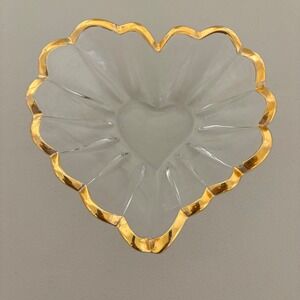 VTG Heart Shaped Glass Trinket Dish Gold Rim Scalloped Edge Jewelry Candy Bowl
